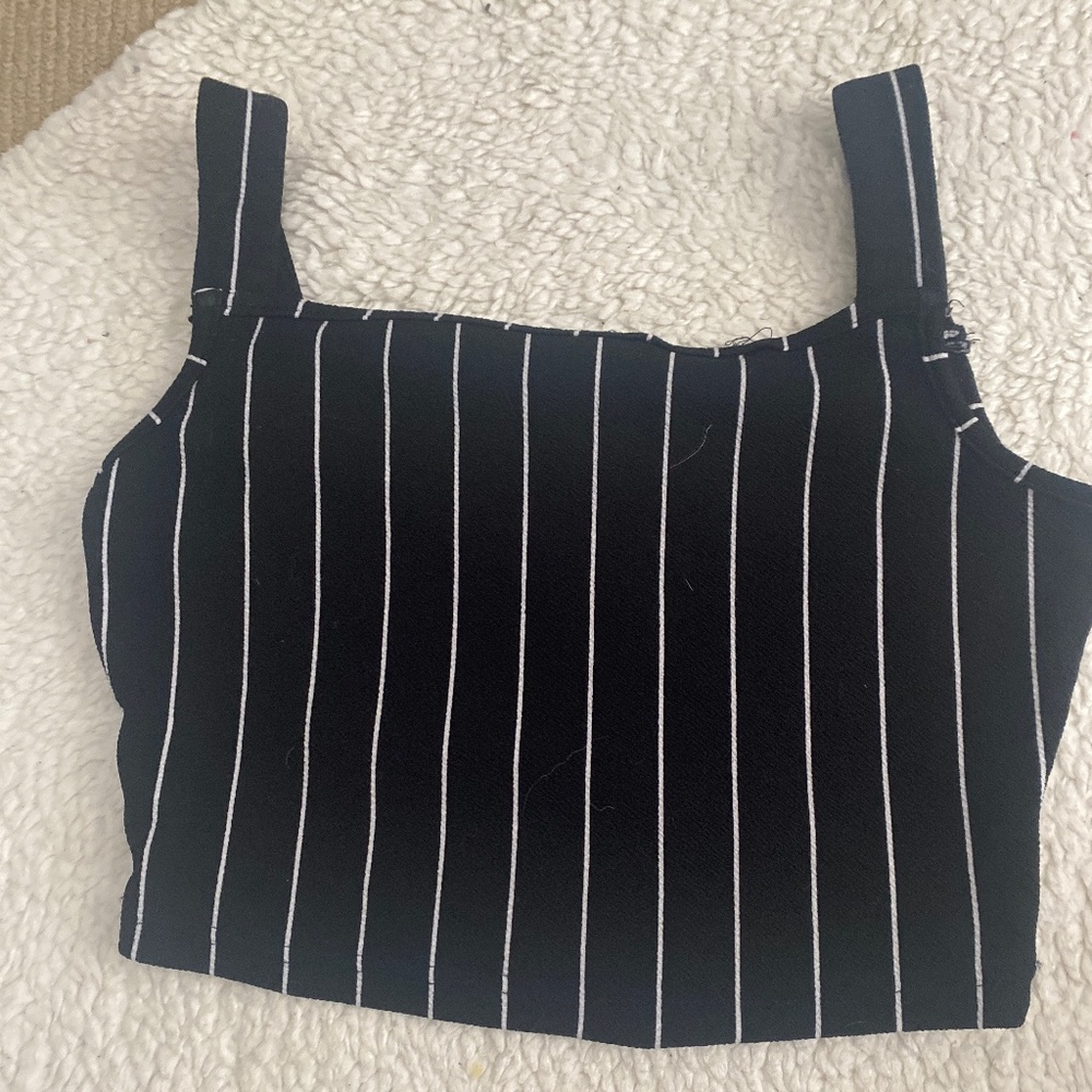 Black and white vertically striped crop tank top